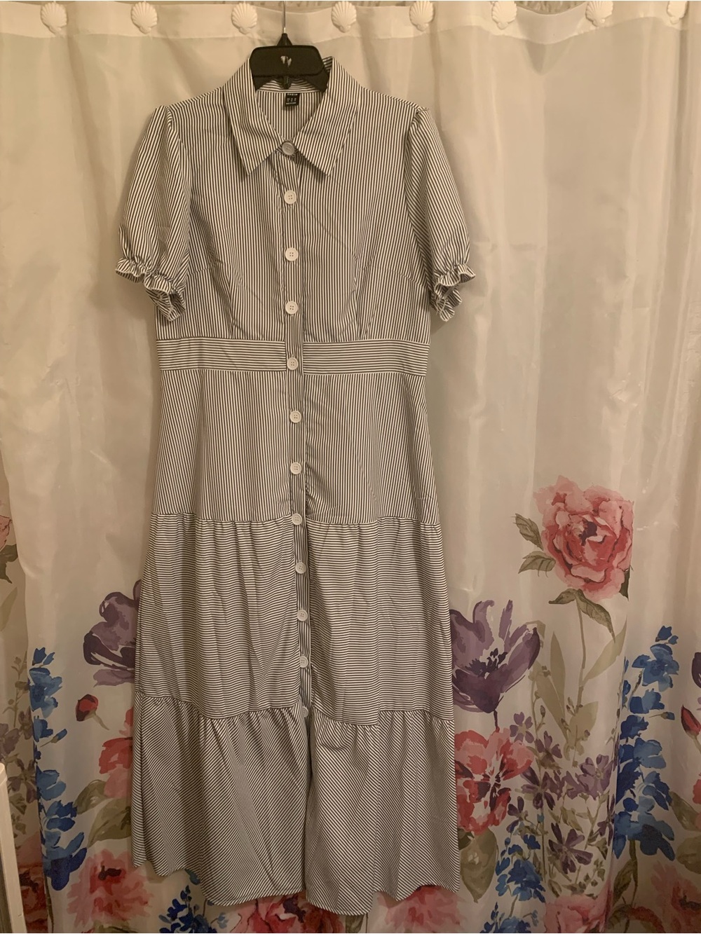 SHEIN Light Blue & White Striped Button-Front Maxi Dress